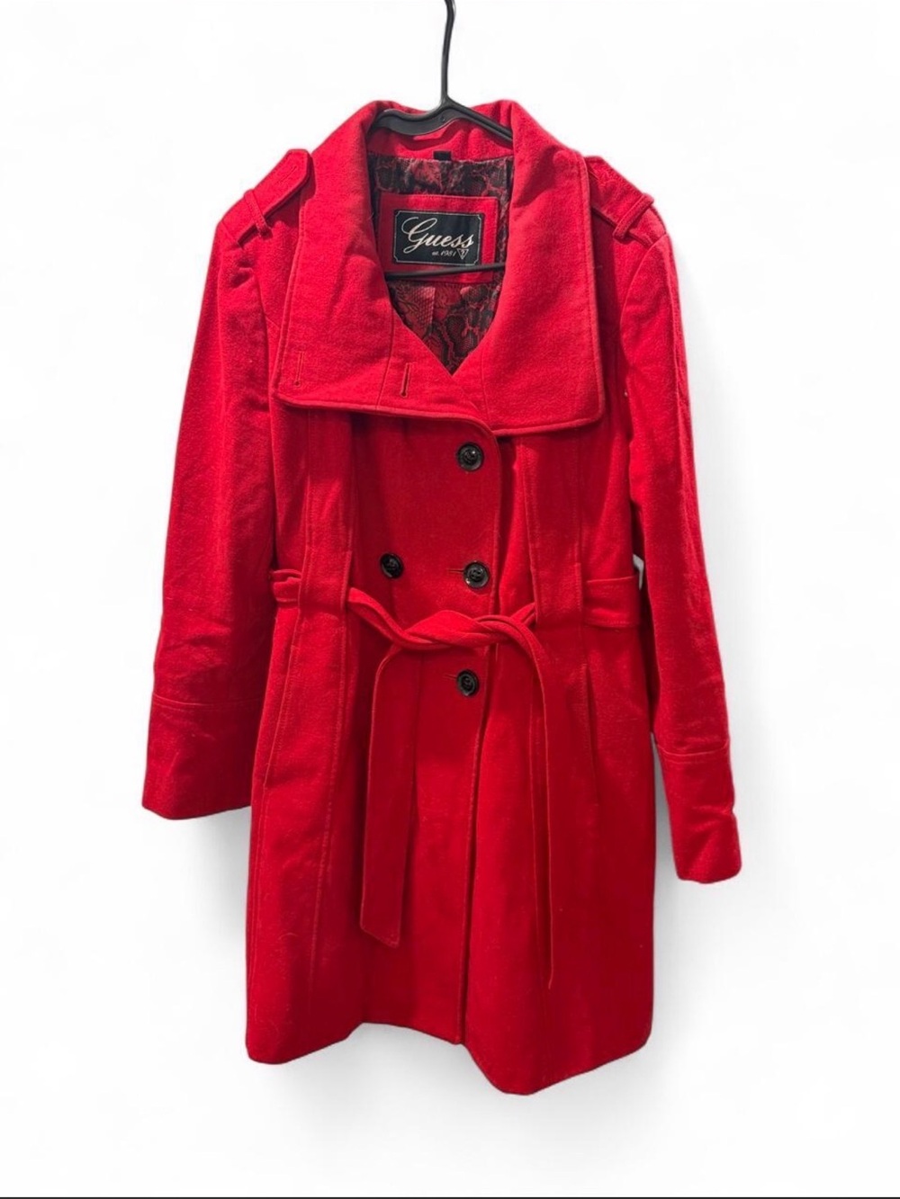 GUESS Red Double-Breasted PeaCoat with Self-Tie Belt